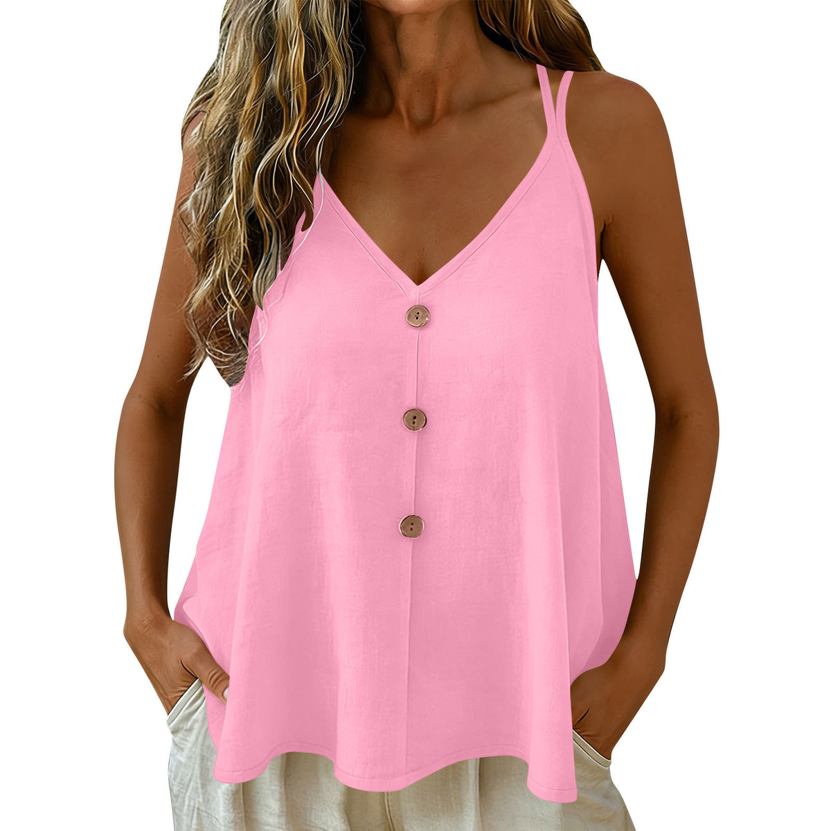 Womens Solid-color Vest With Adjustable Straps And Decorative Buttons by Ricaloux
