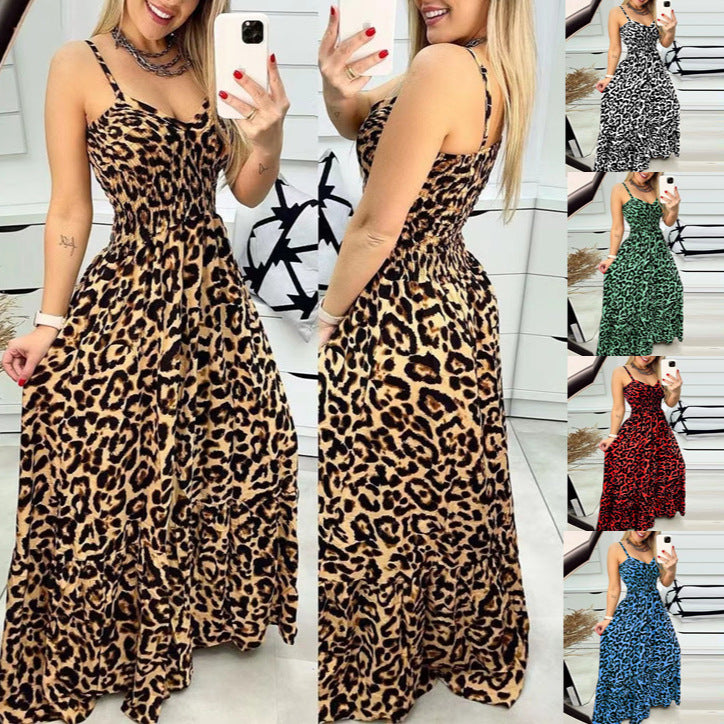 Women's Leopard Print Spaghetti Strap Tiered Maxi Dress V-Neck Smocked Waist Flowy Long Dress For Summer by Ricaloux