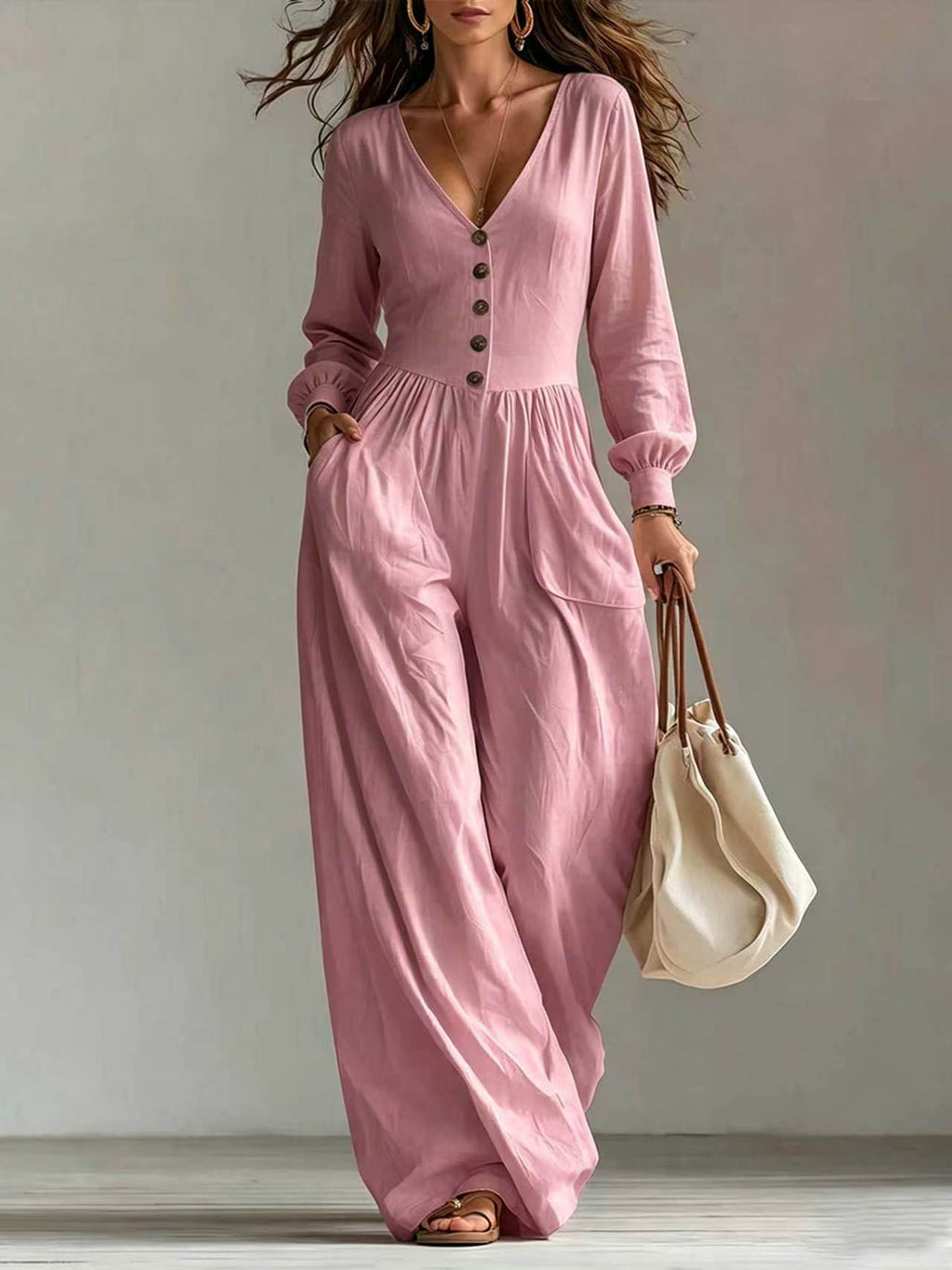 New Autumnwinter Casual Chic Womens V-neck Long-sleeve Jumpsuit With Pockets – Premium 0 | RICALOUX