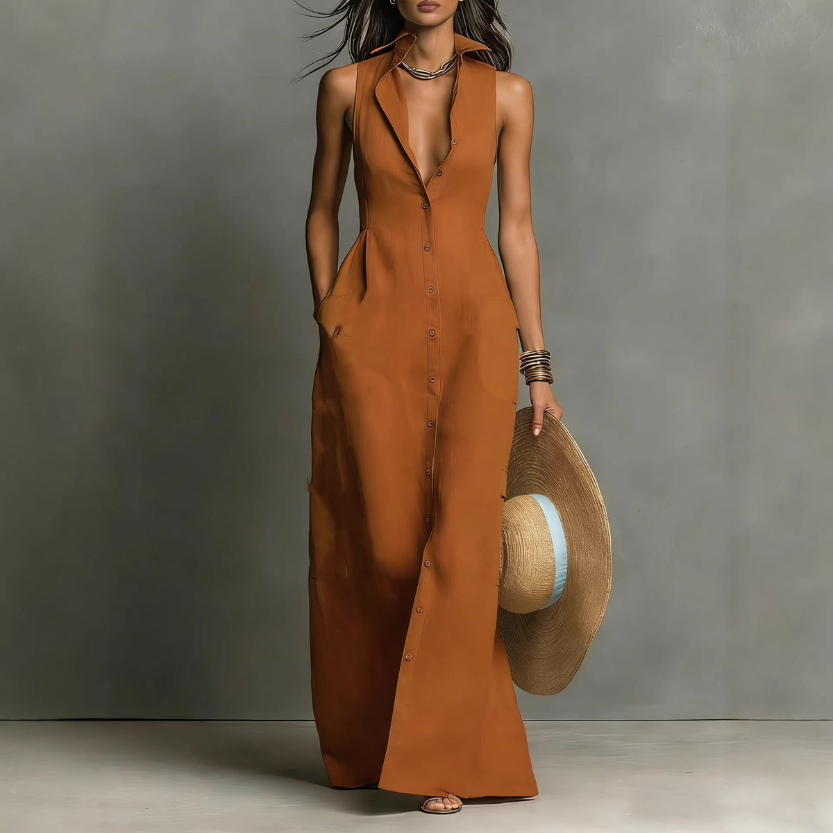 Breasted Sleeveless Shirt-collar Dress – Premium 0 | RICALOUX