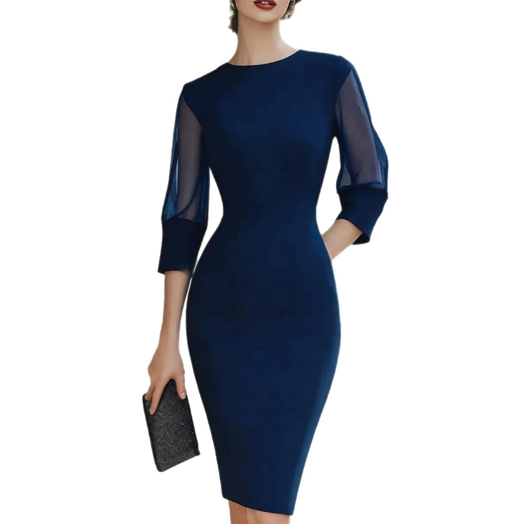 Womens Elegant Seven-Quarter-Sleeve Mesh-Panel Dress by Ricaloux