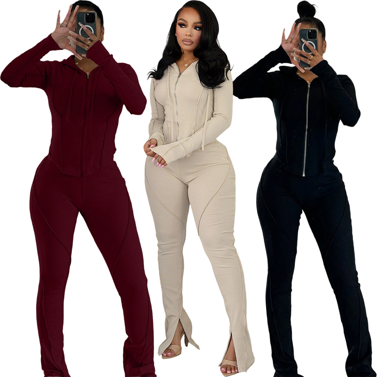 Womens Fashion Ribbed-Stripe Casual Sports Set by Ricaloux