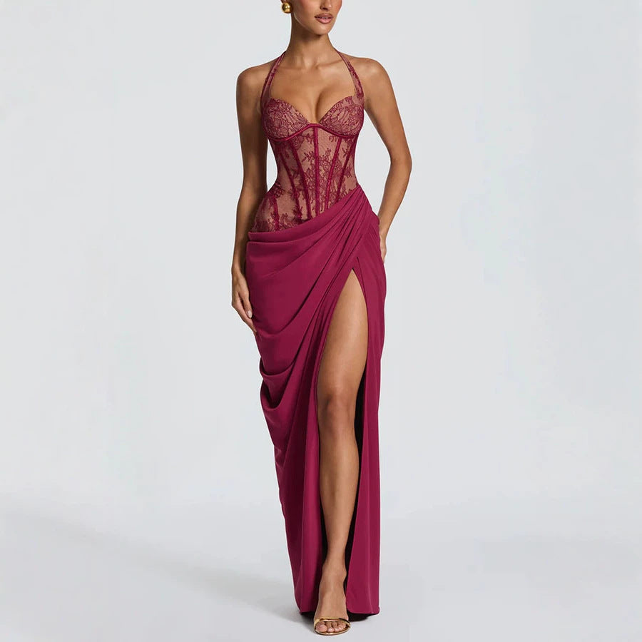 SpringSummer New Halter-Neck Lace-Up Patchwork Dress – Premium 0 | RICALOUX