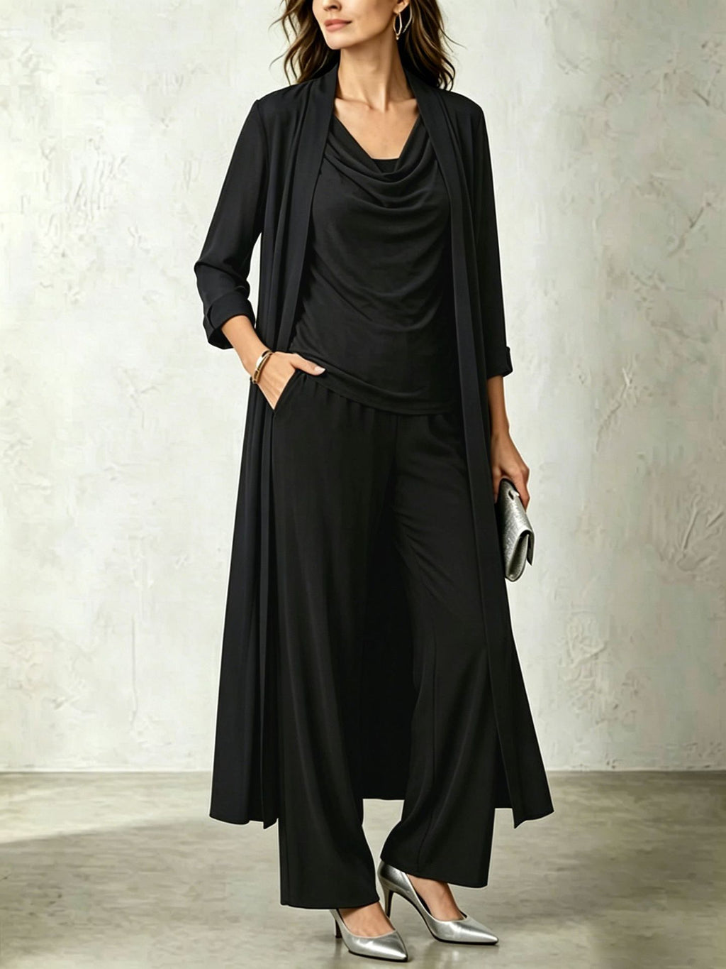 Womens Long Cardigan Jacket And Pants Three-piece Set by Ricaloux