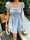 Summer French-Style Square-Neck Puff-Sleeve A-Line Dress For Women – Premium 0 | RICALOUX