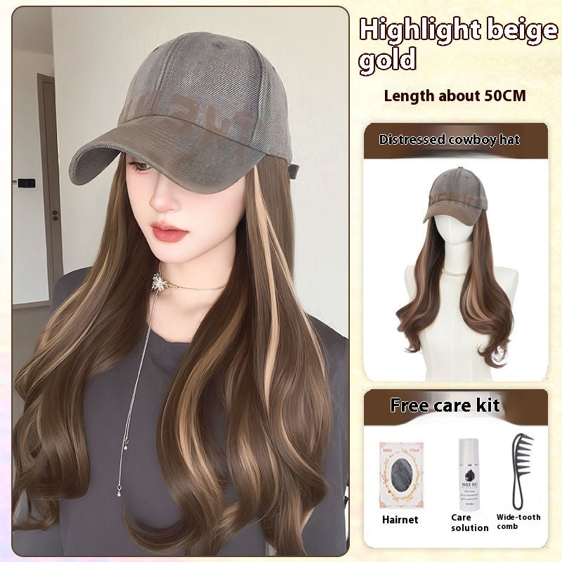 All-in-one American Retro Denim Peaked Cap Dyed Micro-roll Wig by Ricaloux