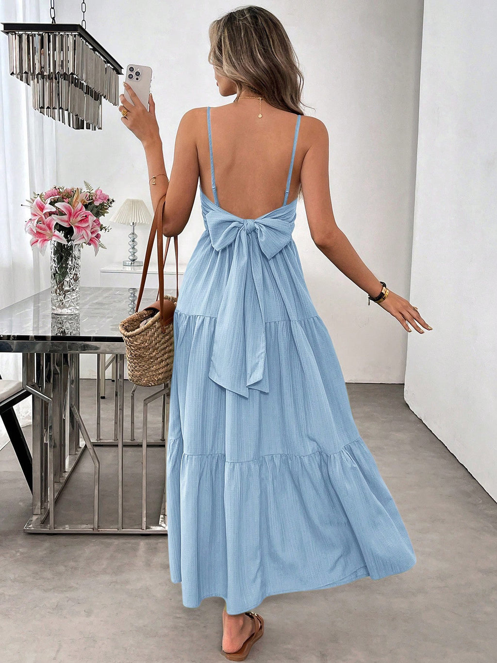 Backless Spaghetti-strap Tiered Maxi Dress With A Tie And A Large Bow At The Waist - RICALOUX