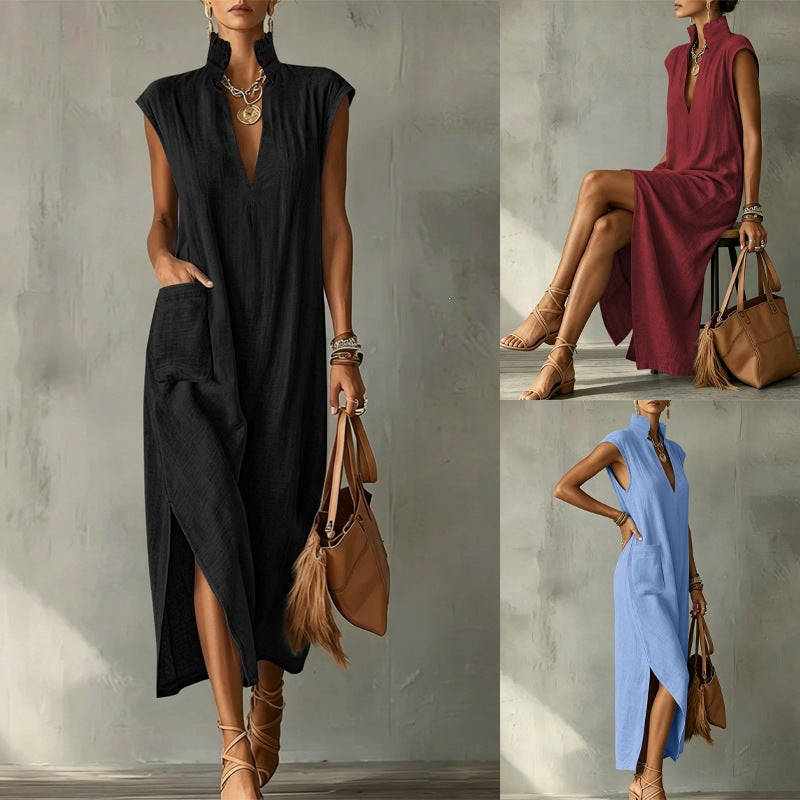 Women's Sleeveless Stand Collar V-Neck Pocket Split Midi Dress Casual Maxi Dress For Summer – Premium 4 | RICALOUX