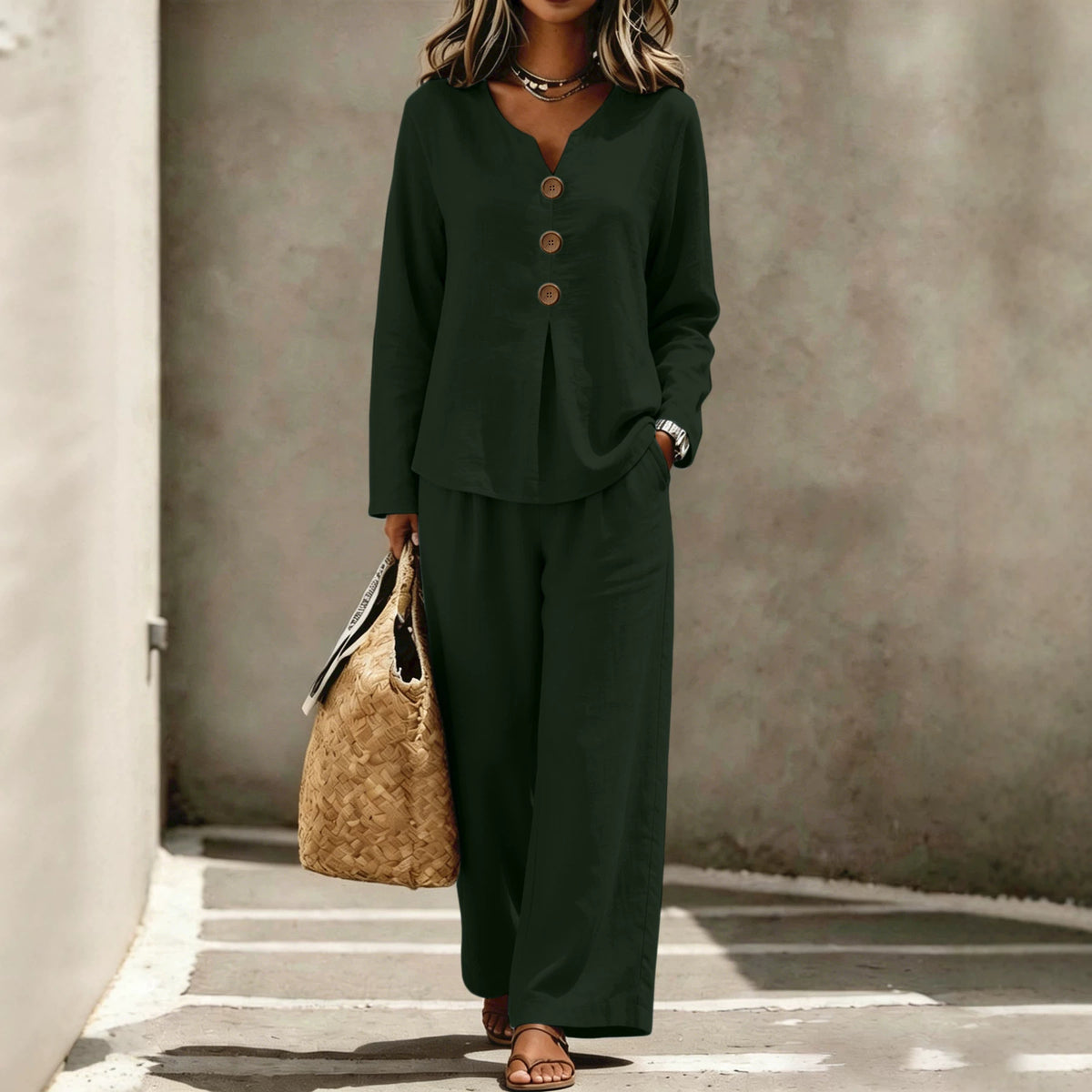 Womens Casual Buttoned V-Neck Long-Sleeve Top And Pants Set by Ricaloux
