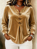 Elegant V-neck Buttoned Long-sleeve Velvet Blouse For Women – Premium 0 | RICALOUX