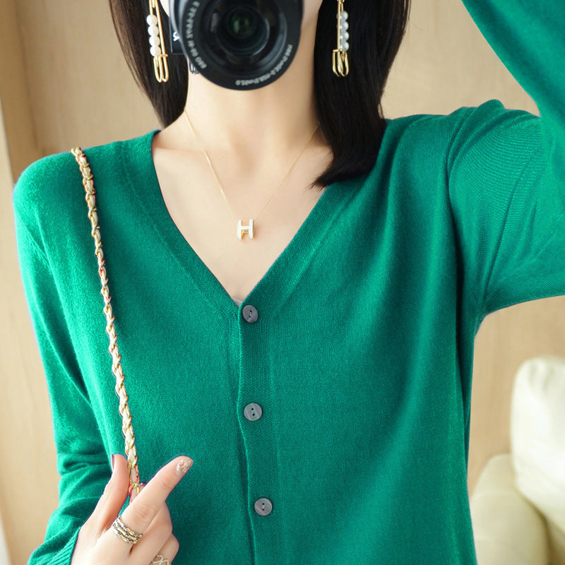 SpringSummer V-neck Cardigan Long-Sleeve Knit Top by Ricaloux