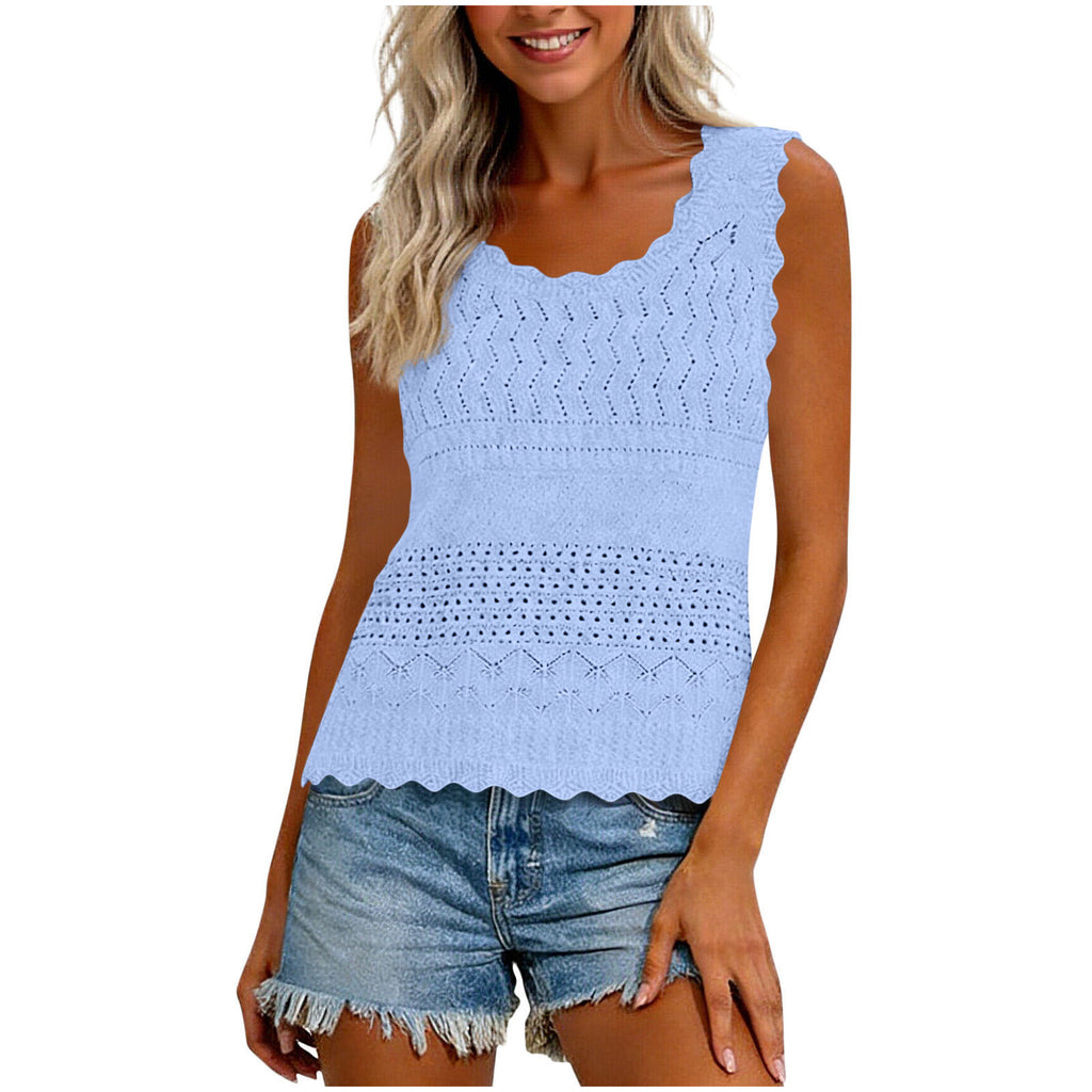 Women's Spring And Summer Cutout Knit Vest With Waves Ruffles Round Neck Breathable Outerwear And Innerwear Solid Color Sweater Innerwear – Premium 4 | RICALOUX