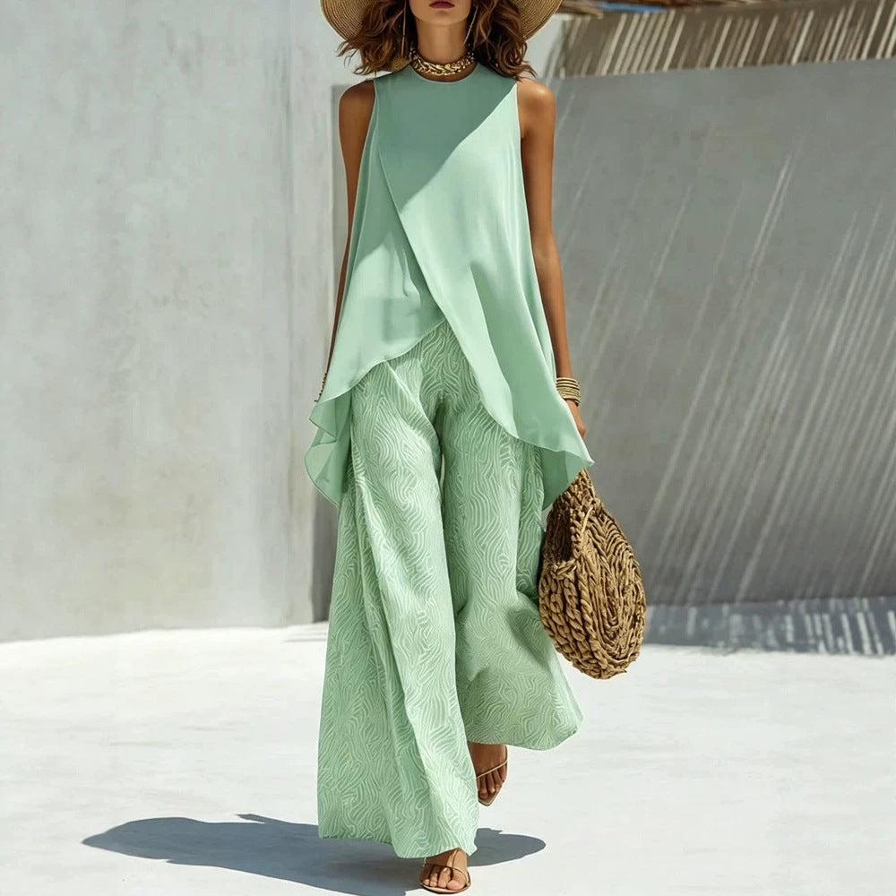 Womens Crew-neck Pullover Sleeveless Top And Long Pants Set by Ricaloux