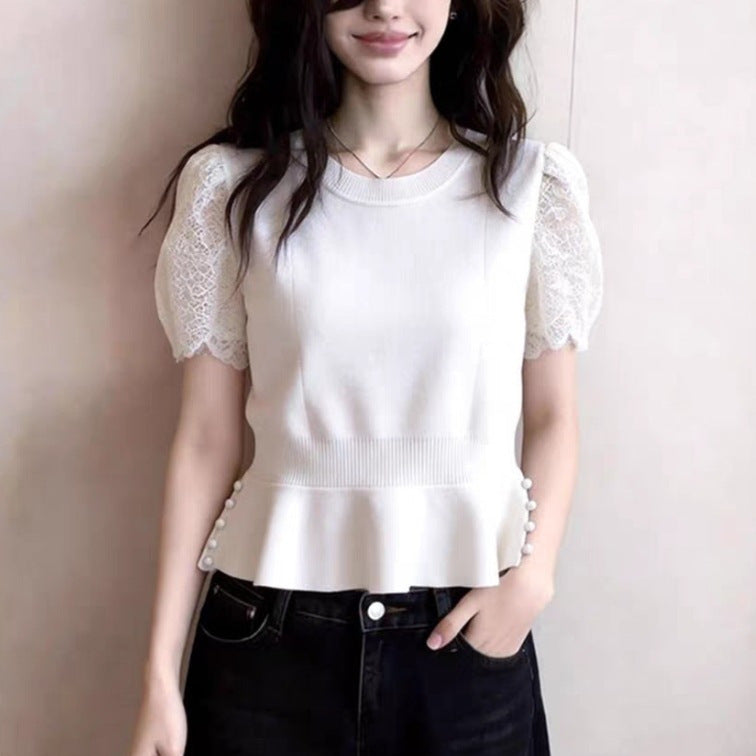 Fashionable And Elegant Patchwork Lace Short-sleeve Knit Top – Premium 0 | RICALOUX
