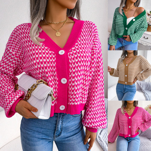 Autumn Winter European And American-style Color-block Plaid Cardigan Sweater With Puff Sleeves – Premium 0 | RICALOUX