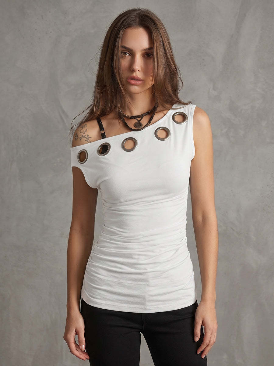 Hollow-out Pleated Solid-color Off-shoulder T-shirt Top – Premium 0 | RICALOUX