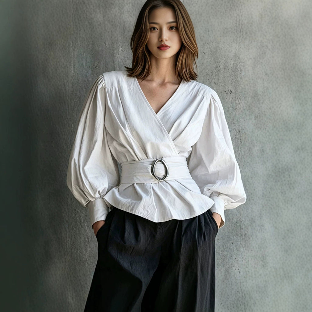 Womens V-neck Blouse With Ruffled Cuffs And Puff Sleeves by Ricaloux