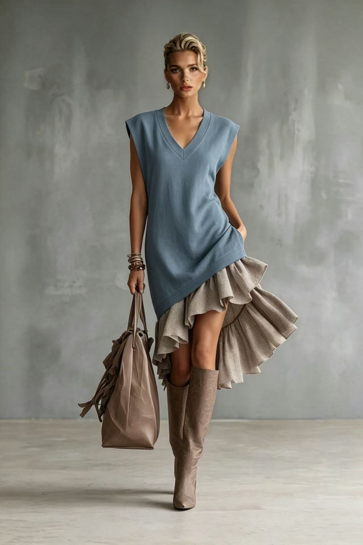 Solid-color Casual European-American Style Flounced Midi Skirt by Ricaloux