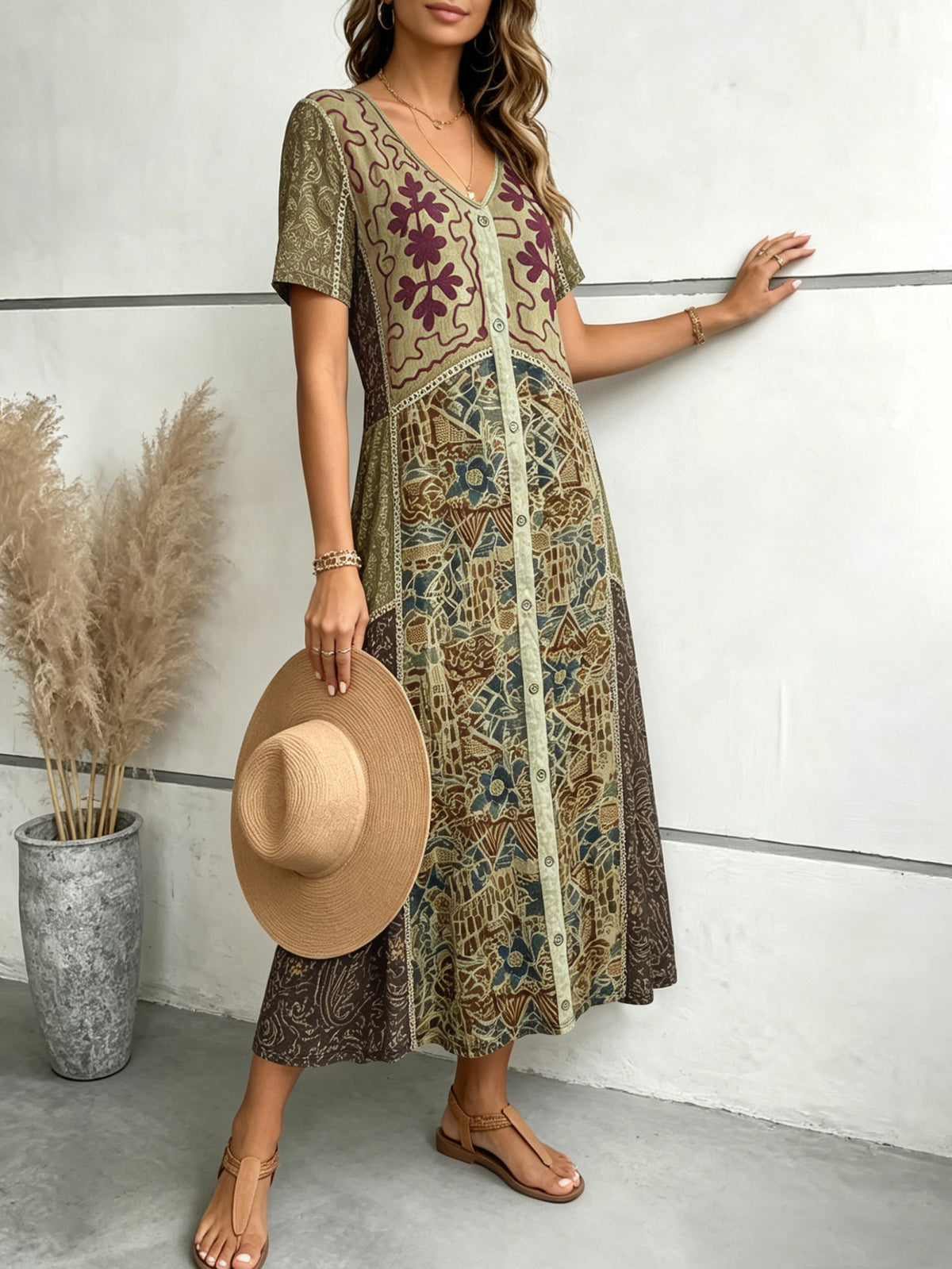 Women's V-Neck Short Sleeve Bohemian Embroidered Print Maxi Dress Casual Loose Button Front Long Dress For Vacation – Premium 4 | RICALOUX