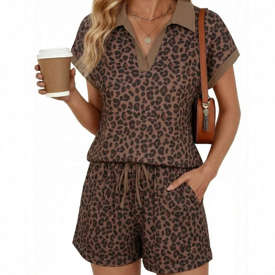 New Womens Leopard-print Short-sleeve And Shorts Set by Ricaloux