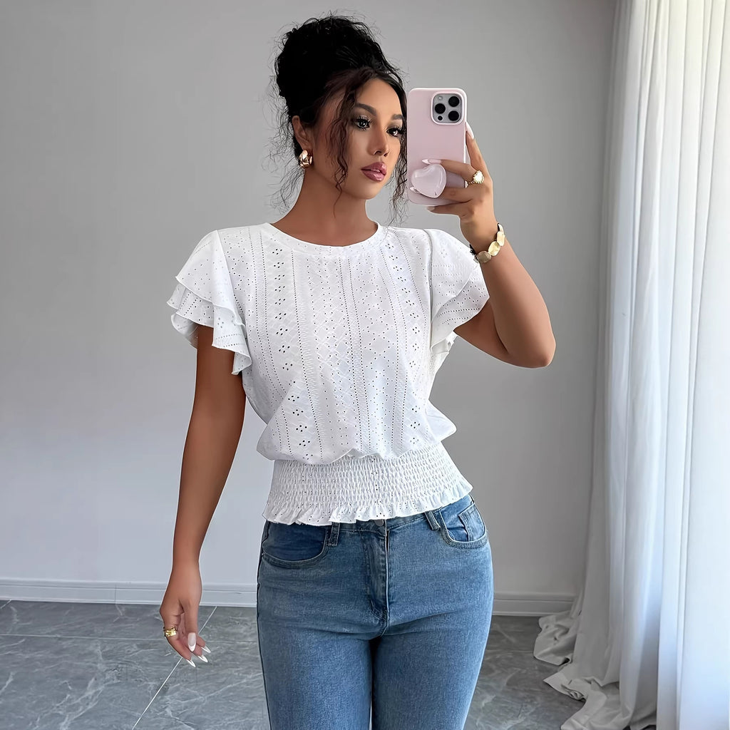 Womens Solid-Color Casual Round-Neck Top by Ricaloux