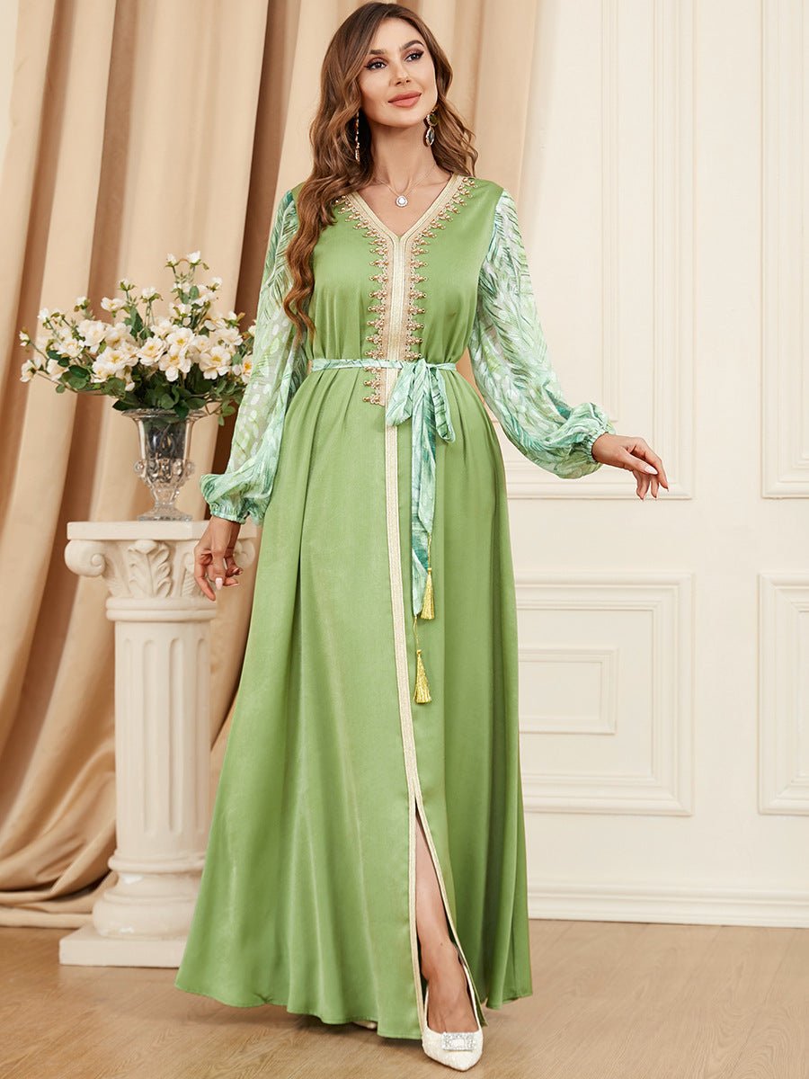 Patchwork Puff Sleeve Long Sleeve Arabic Dress - RICALOUX