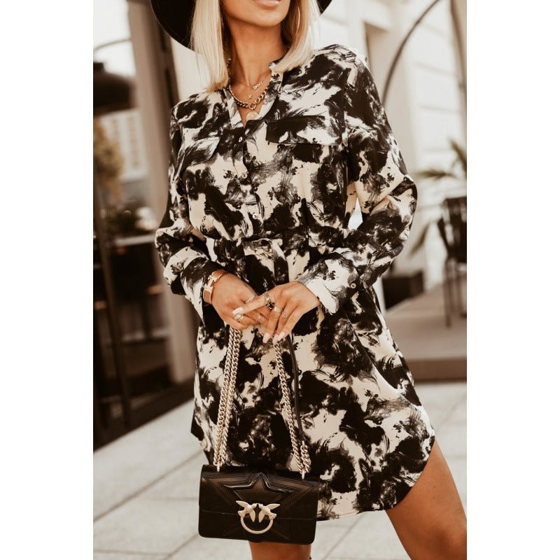 Autumn And Winter New Fashion Waist-controlled Tied Long Sleeves Printed Shirt Dress - RICALOUX