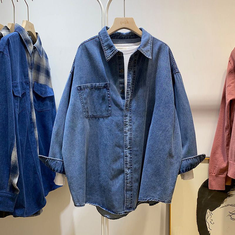 Spring And Autumn Vintage Hong Kong Style Blue Denim Shirt by Ricaloux