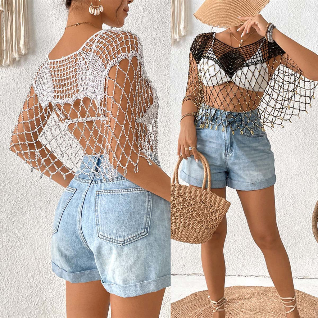 New Arrival Women Hollow Out Beaded Tassel Cape Shawl, Sheer Sun Protection Bikini Cover Up, European American Resort Beach Outfit by Ricaloux