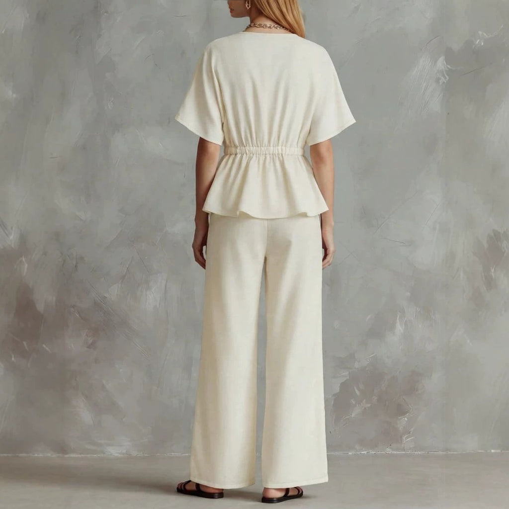 Womens V-neck Cinched-top And Wide-leg Pants Two-piece Set by Ricaloux