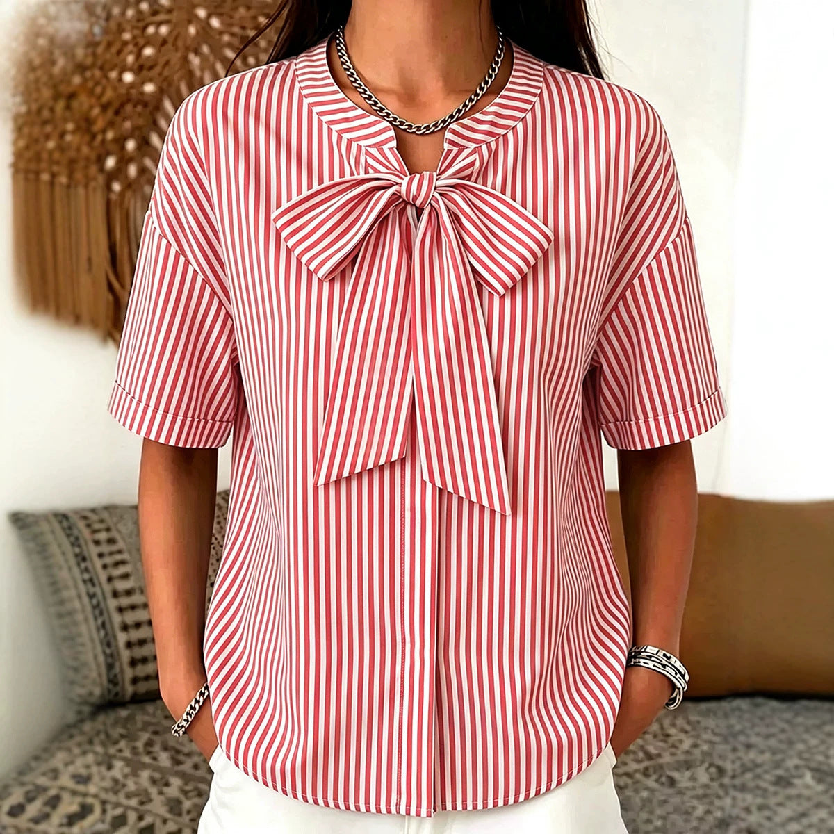 Simple Striped Casual Short-sleeve Shirt With A Bow Tie by Ricaloux