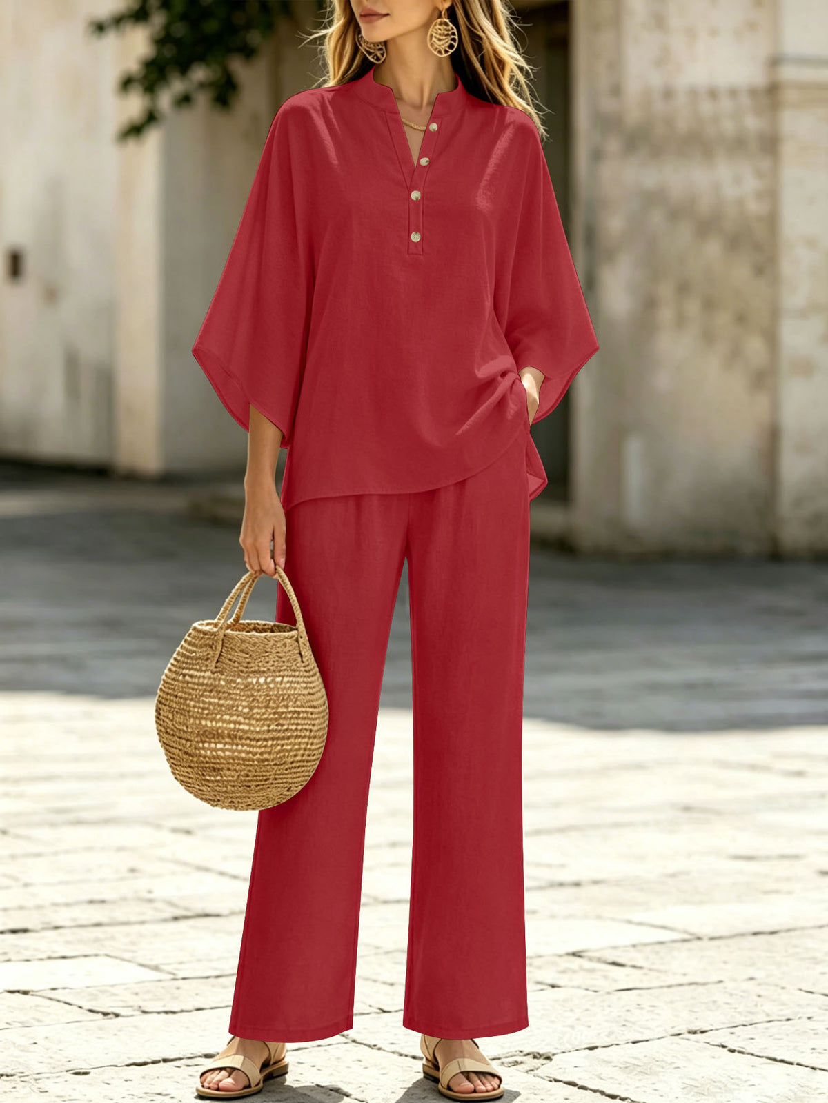 Women's Two Piece Outfit Stand Collar Half Button Batwing Sleeve Top & Wide Leg Pants Set Casual Blend Loose Tracksuit For Summer – Premium 4 | RICALOUX