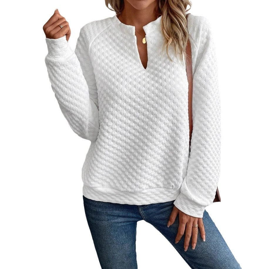 Womens Solid-Color Deep V-Neck Spliced Long-Sleeve Top by Ricaloux