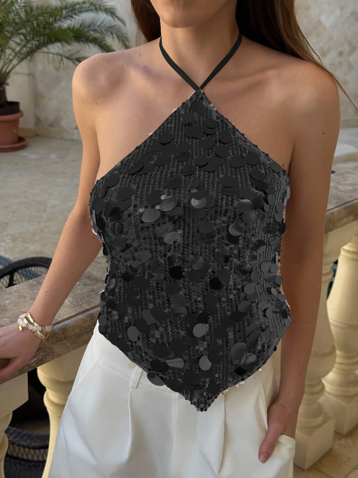 Womens Sequined Backless Halter-Neck Top by Ricaloux