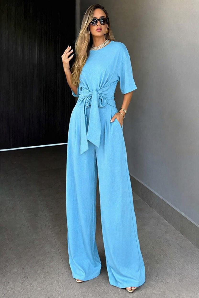 Round-neck Short-sleeve Top And Loose Wide-leg Pants Set – Premium 0 | RICALOUX