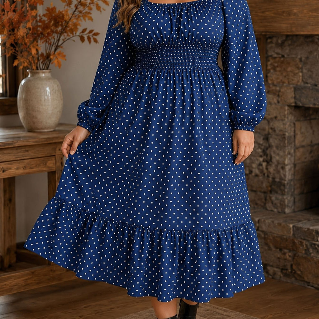 Polka-dot Plus-size Womens Dress Puff-sleeve Boat-neck Dress For Curvy Figures – Premium 0 | RICALOUX
