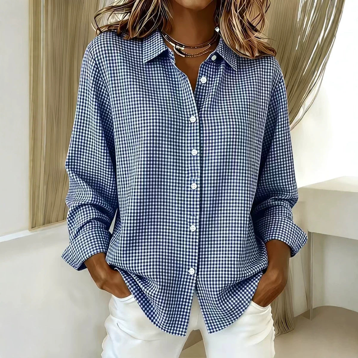 Versatile Lapel-collar Long-sleeve Plaid Shirt by Ricaloux