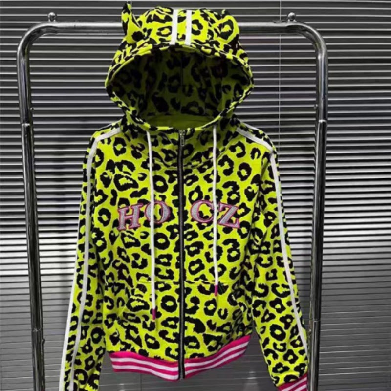 Yellow Leopard-Print Hoodie With Devil Horns For Women – Premium 0 | RICALOUX