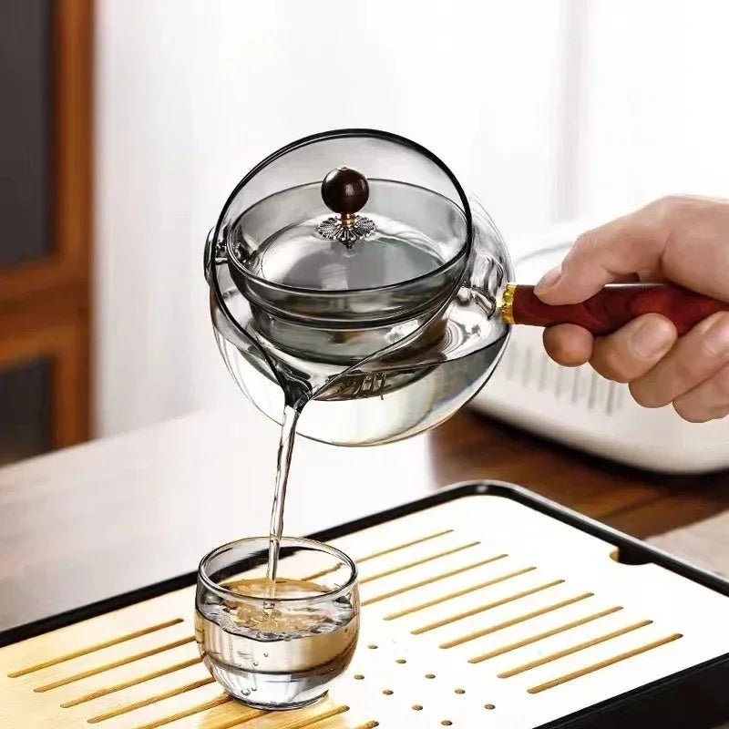 Semi-automatic Rotary Heat-resistant Glass Teapot Lazy Tea Making With Infuser And Wooden Handle Office Home Accessories Kitchen Gadgets - RICALOUX