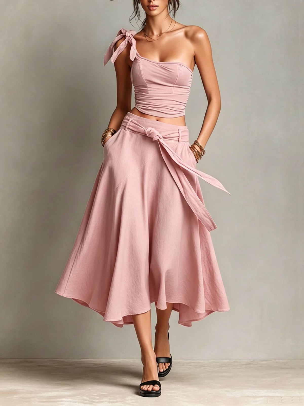 One-shoulder Strap Camisole And Skirt Set by Ricaloux