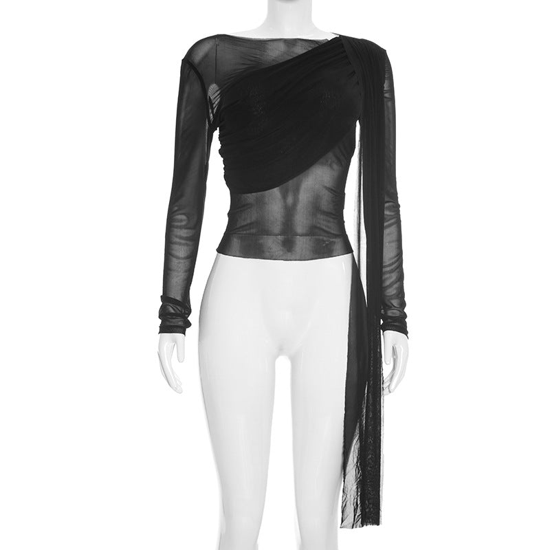 Off-Shoulder Mesh-Panel Sexy Long-Sleeve Top by Ricaloux