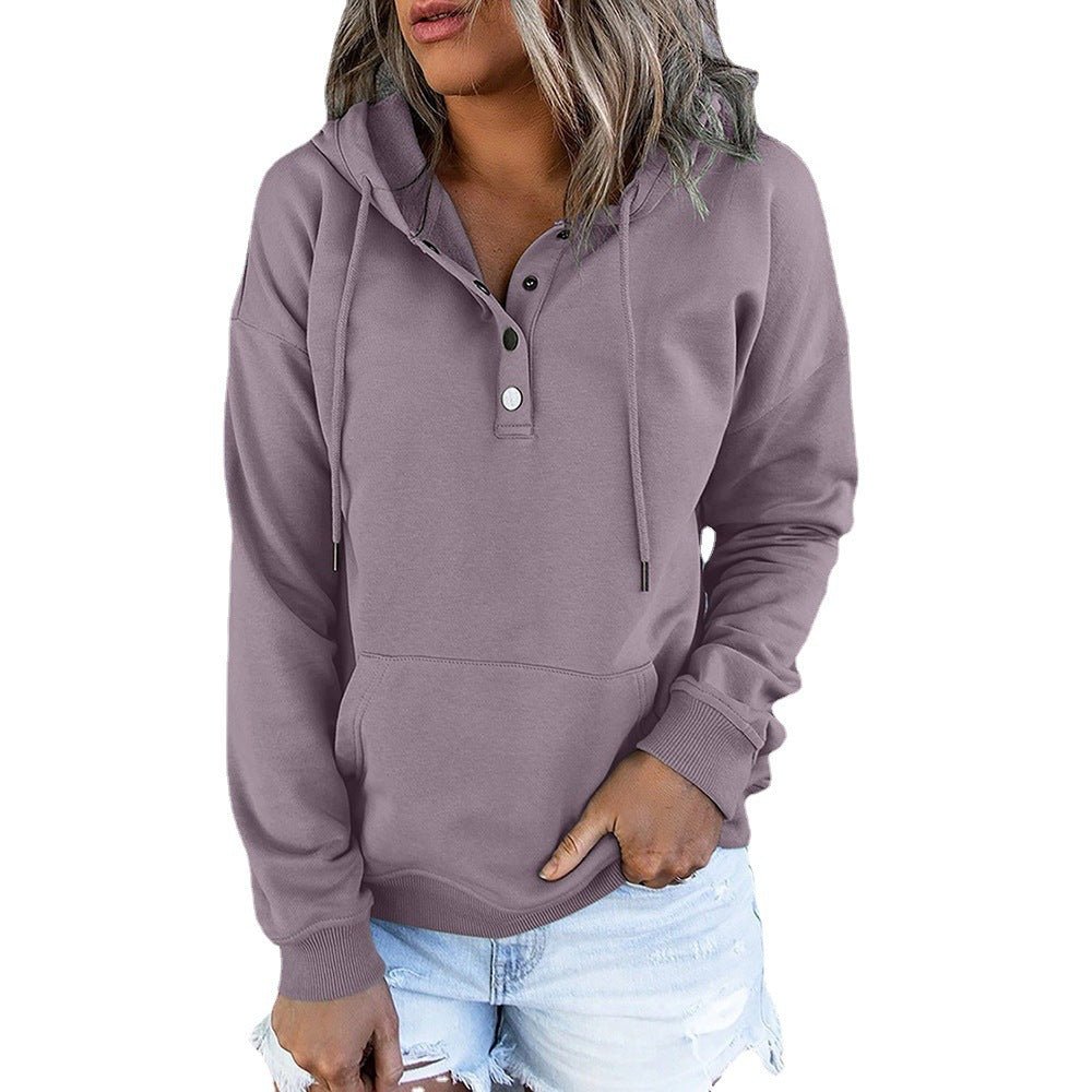 Long-sleeved Hooded Sweatshirt With Pockets Fashion Casual Button Drawstring Design Hoodie Top Spring And Autumn Sports Clothing For Women - RICALOUX