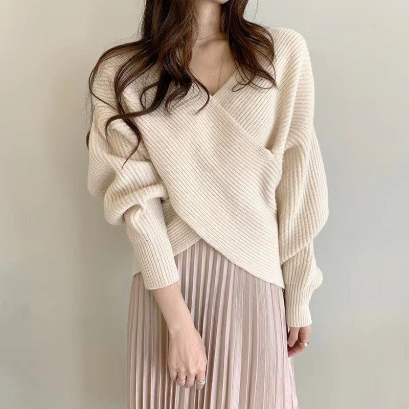 V-neck Solid-color Off-shoulder Knit Pullover For Women – Premium 0 | RICALOUX