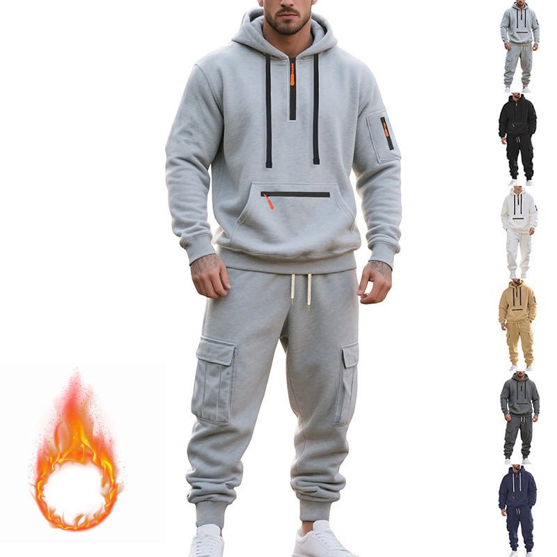 Men's Loose Sports And Leisure Suit Sweater Fleece-lined Hoodie Set Zipper Multi-Pocket Pullover Men's Sports Casual Top Two-piece Set - RICALOUX