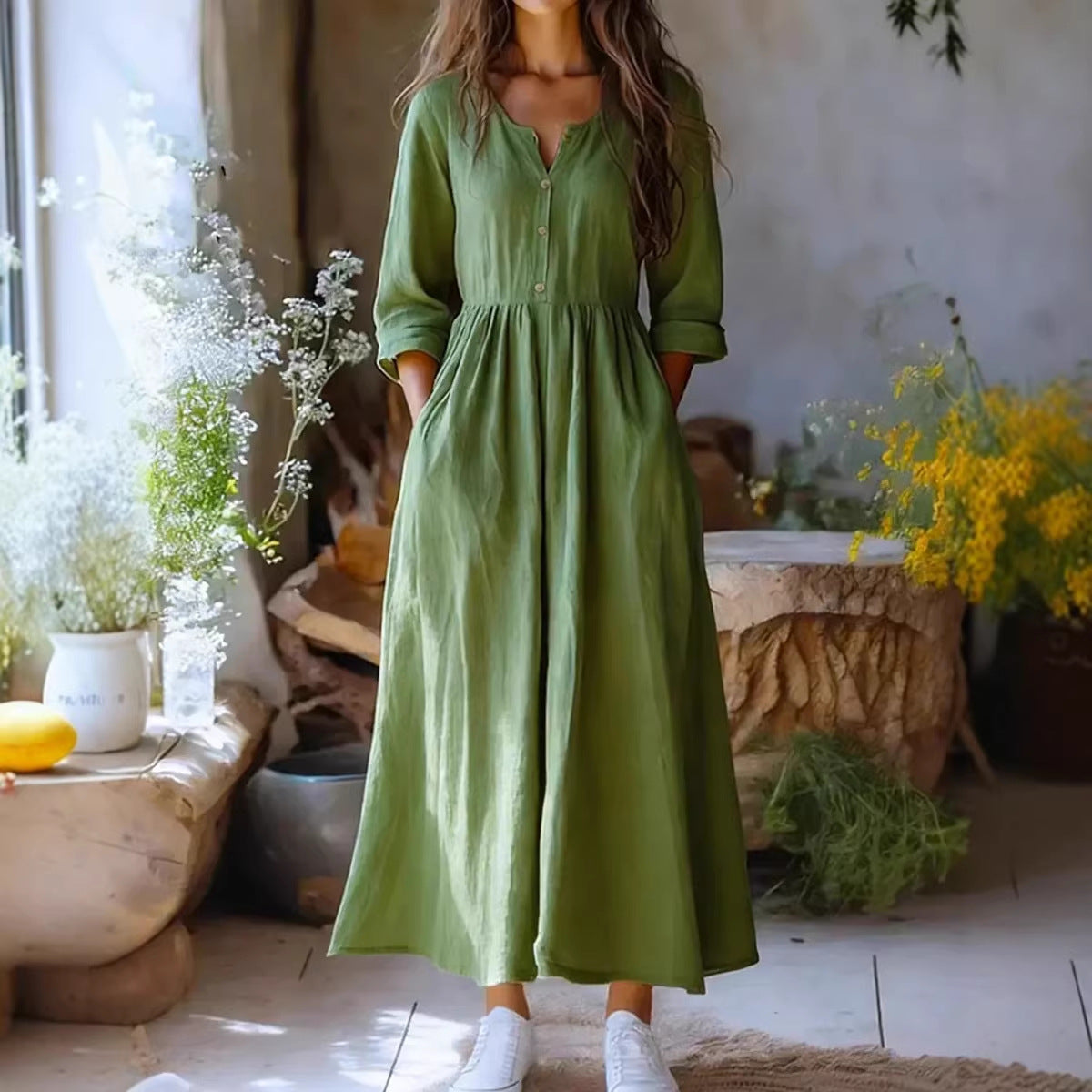 Womens Solid-color Long-sleeve Retro Cotton-linen Dress by Ricaloux