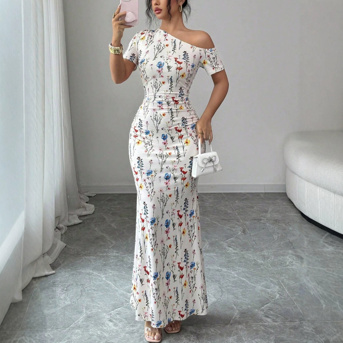 Womens Off-shoulder Floral Fishtail Dress by Ricaloux