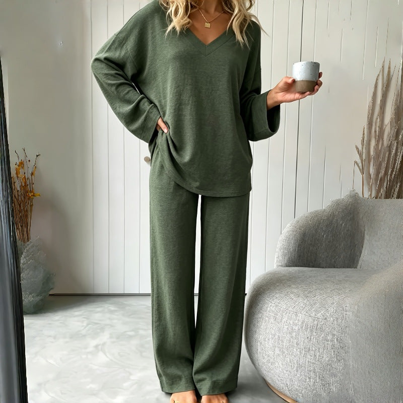 Womens V-neck Two-piece Set With Long Sleeves And Loose-fit Pants – Premium 0 | RICALOUX