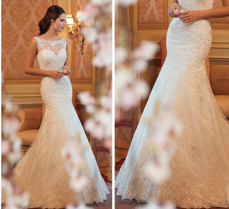 Fishtail Wedding Dress Sleeveless Lace Evening Dress - RICALOUX