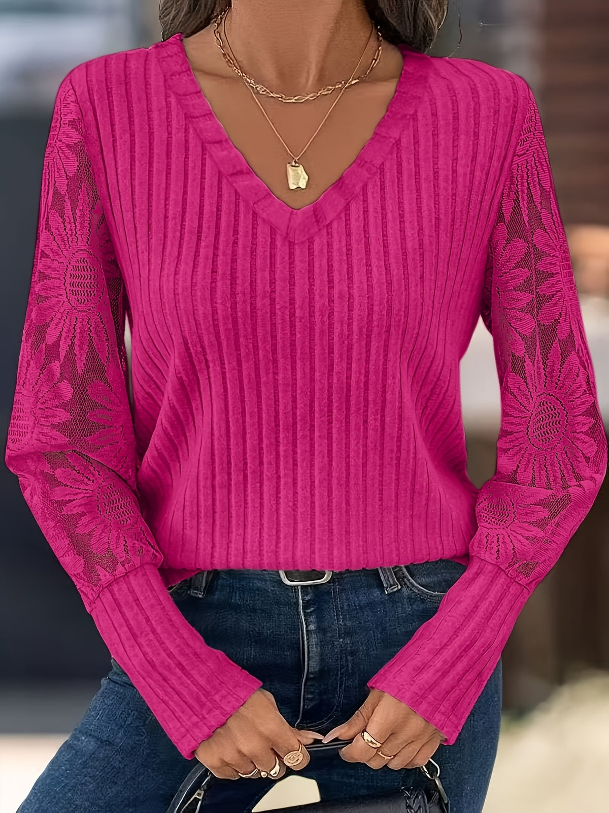 Knitted Patchwork Lace Long-sleeved Top by Ricaloux