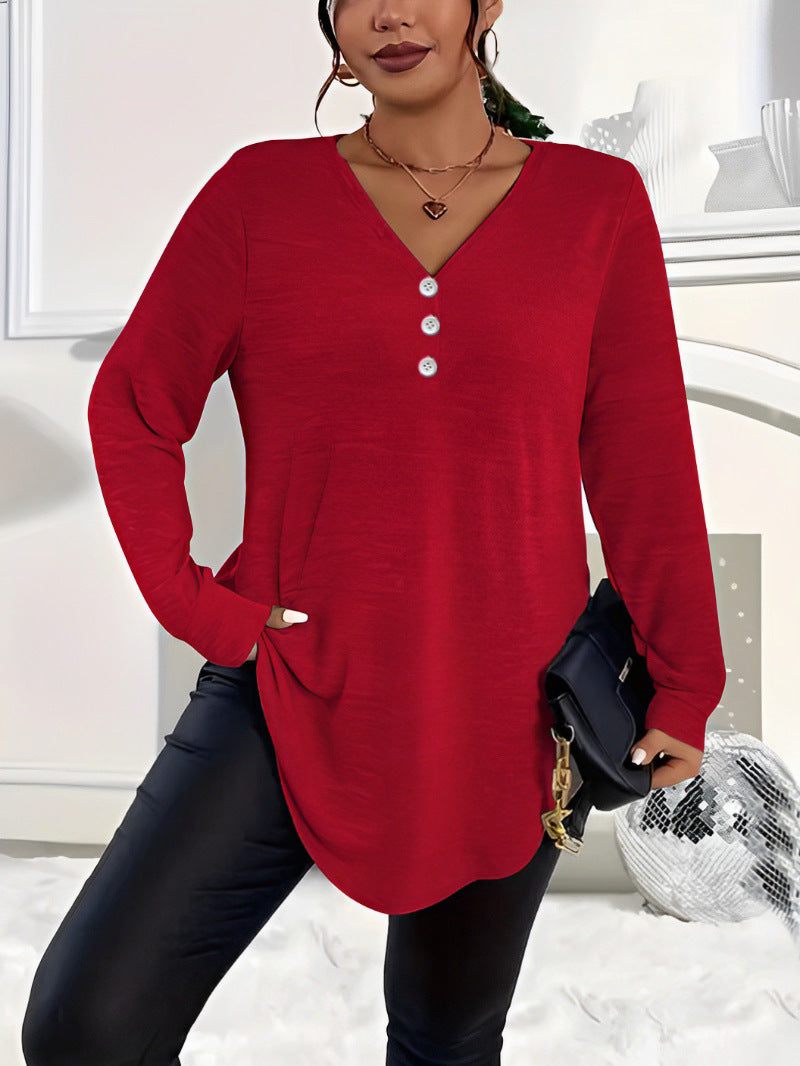 Womens Plus-Size Solid-Color Long-Sleeve Top With Buttons – Premium 0 | RICALOUX